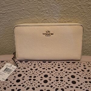 Coach Cream Pebbled Zip-Around Wallet with Gold Hardware
